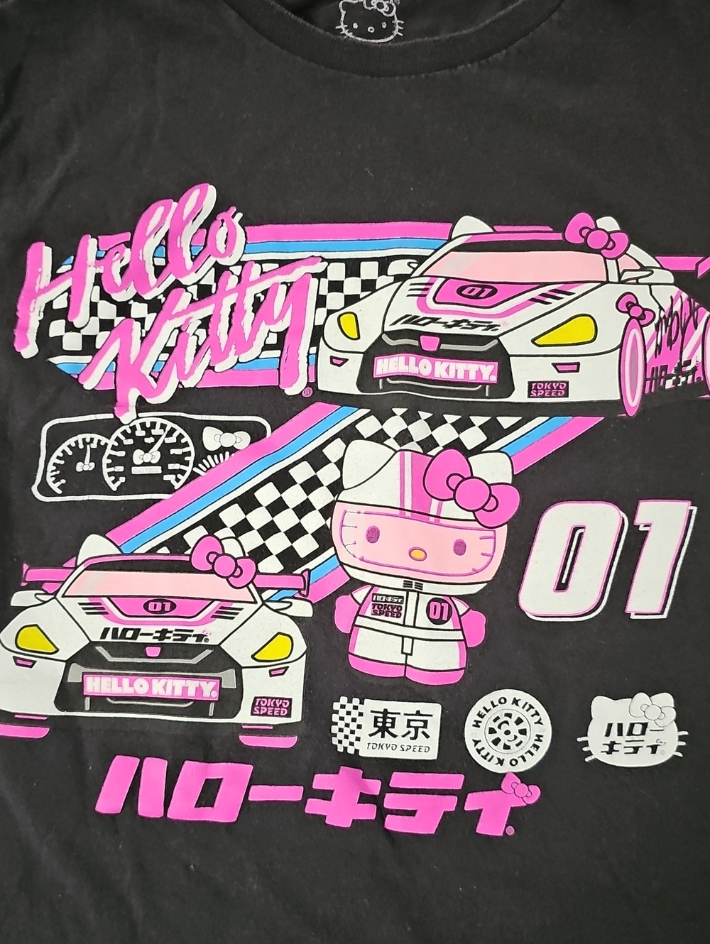 Hello Kitty Black Tee with Pink, White and Blue Racing Graphics